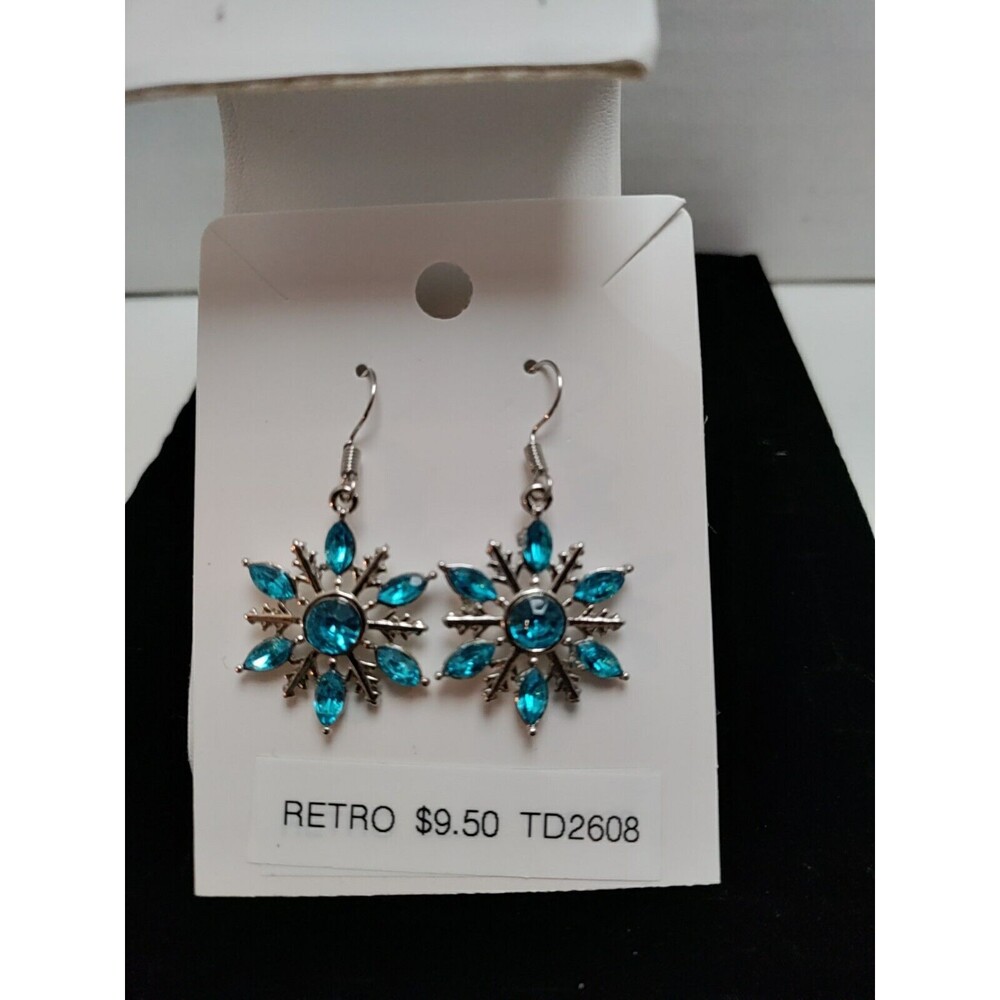 Blue Snowflake Dangle Earrings 3/4" Diameter 1.75" Long